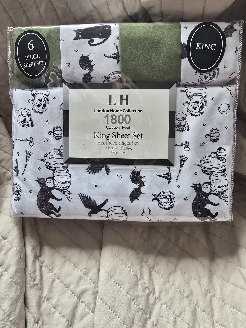 Halloween Themed 1800 Cotton-Feel King Sheet Set - White with Black Print